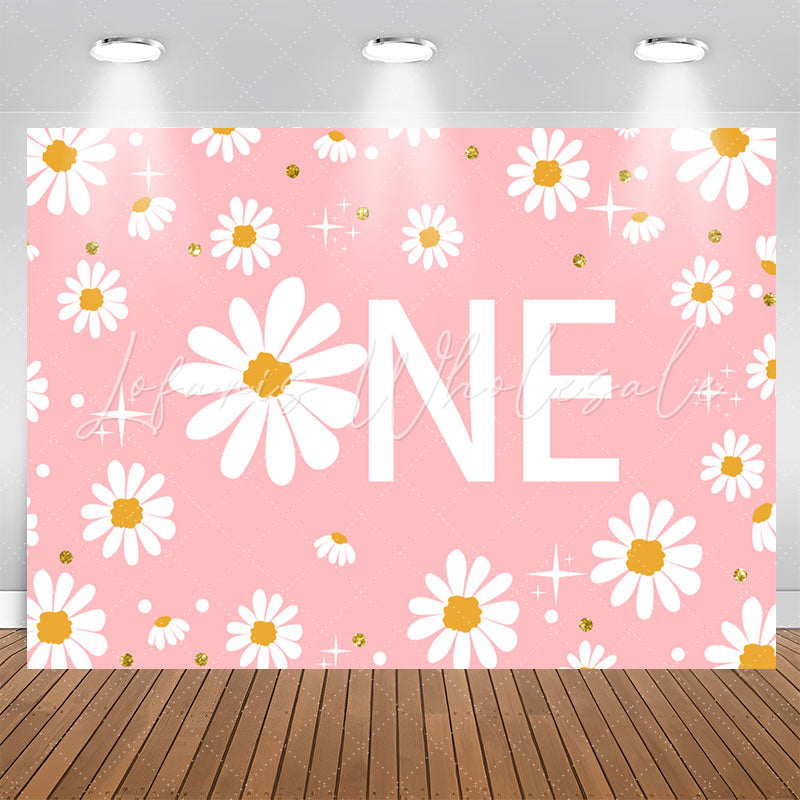 Lofaris White Floral Shining Pink 1st Birthday Backdrop For Girl