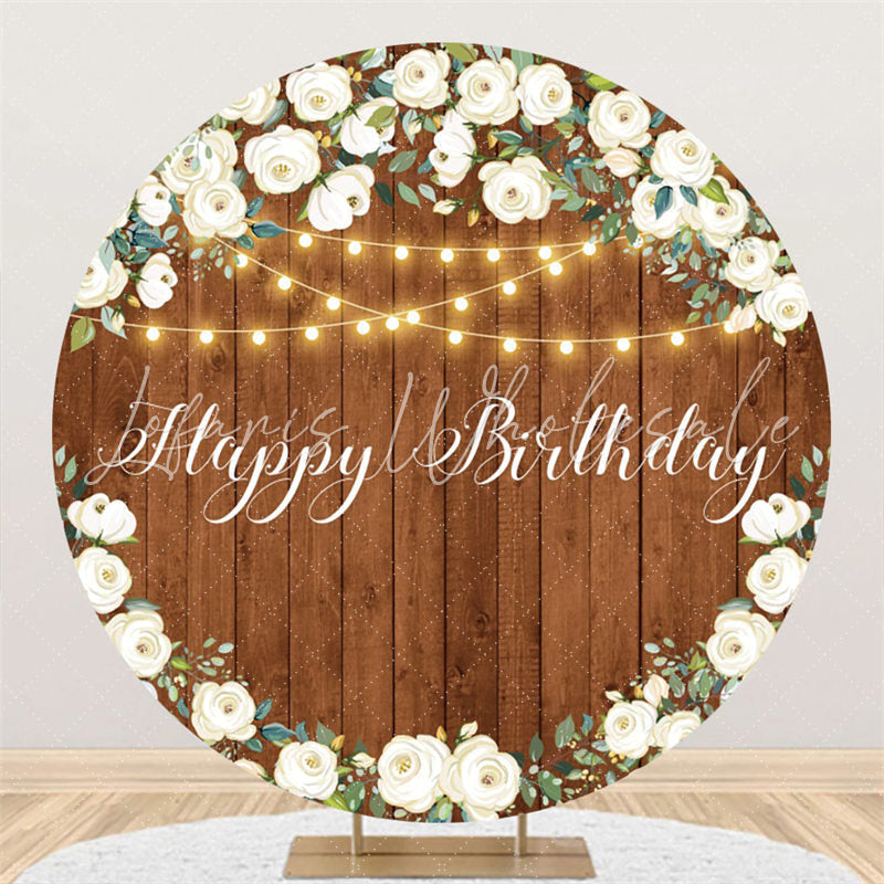 Lofaris White Flower Glitter Light Happy Birthday Round Backdrop