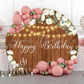 Lofaris White Flower Glitter Light Happy Birthday Round Backdrop