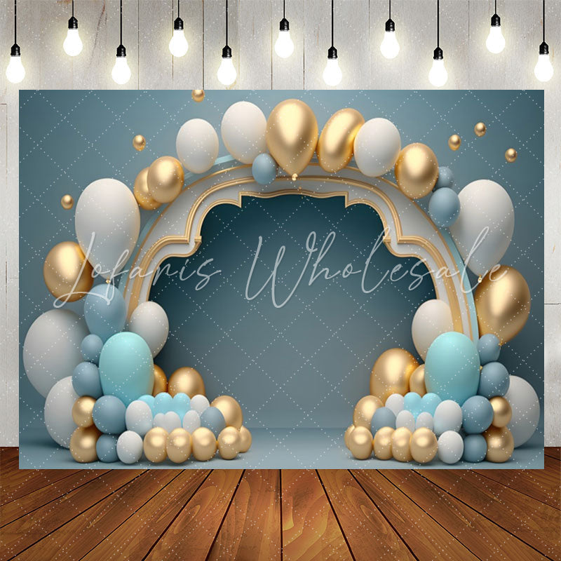 Lofaris White Gold Balloon Blue Wall 1st Birthday Backdrop