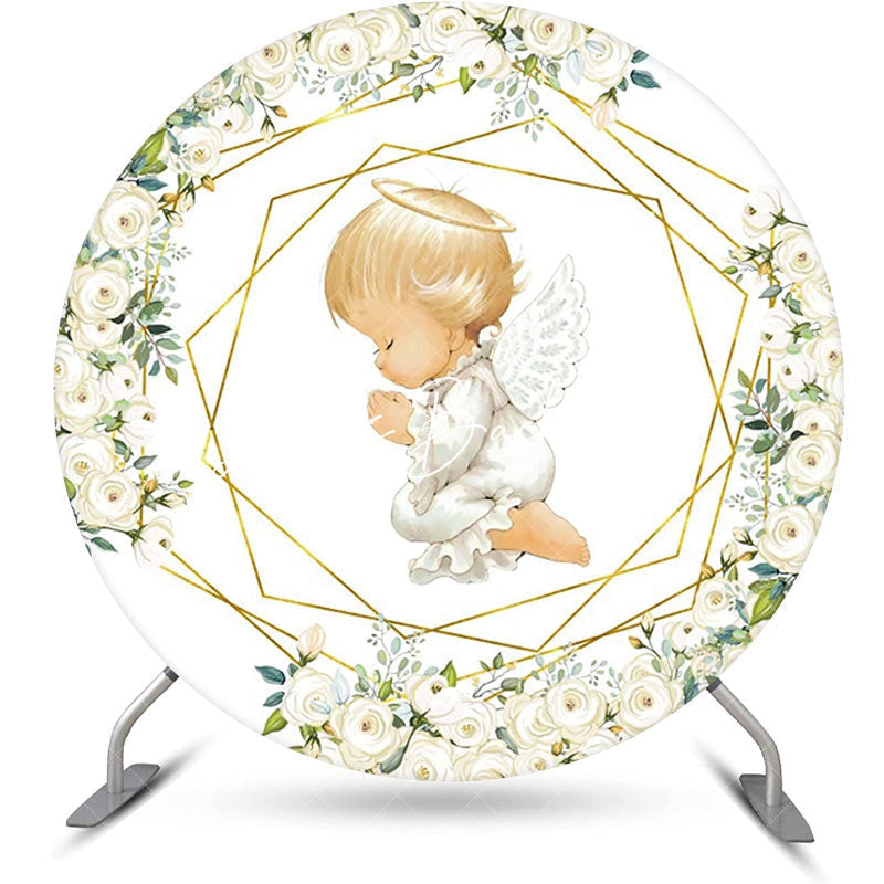 Lofaris White Gold Floral Leaves Angel Baby Baptism Backdrop