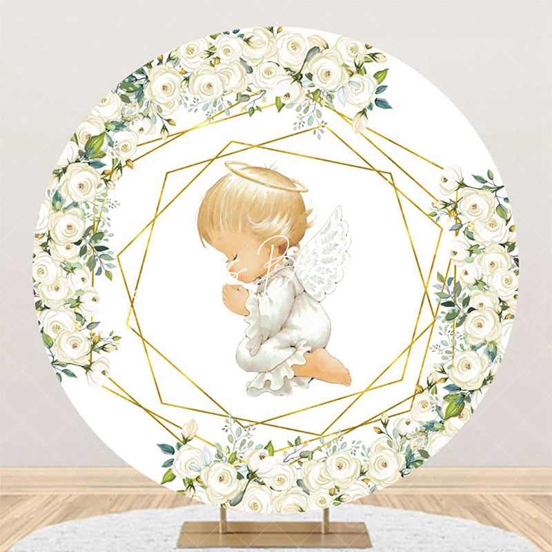 Lofaris White Gold Floral Leaves Angel Baby Baptism Backdrop