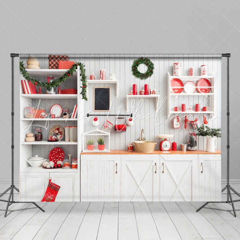 Lofaris White Kitchen Theme Merry Christmas Holiday Backdrop