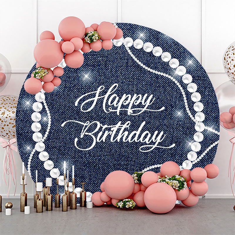 Lofaris White Pearl Diamond Denim Round Birthday Backdrop