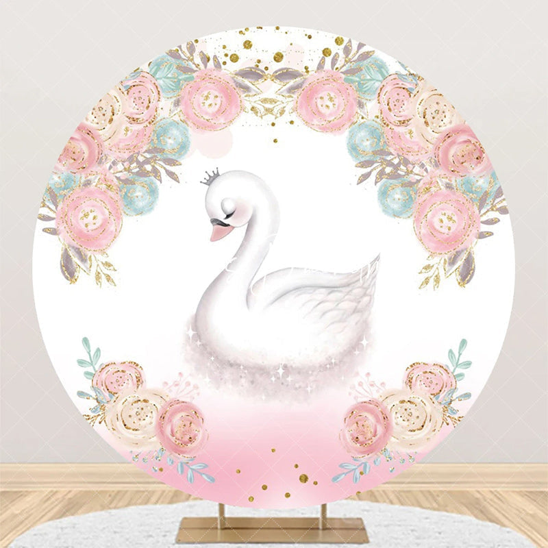 Lofaris White Pink Blue Floral Swan Round Birthday Backdrop