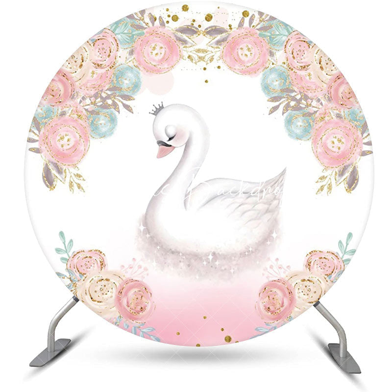 Lofaris White Pink Blue Floral Swan Round Birthday Backdrop