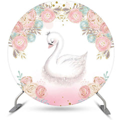 Lofaris White Pink Blue Floral Swan Round Birthday Backdrop
