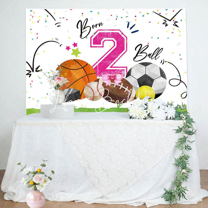 Lofaris White Pink Born 2 Ball Sports Backdrop For Birthday