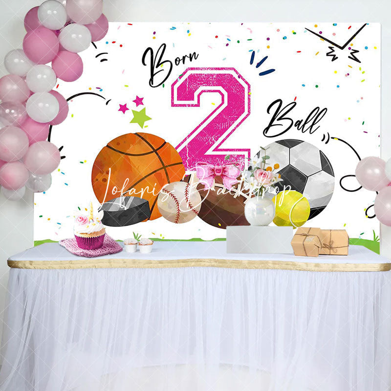 Lofaris White Pink Born 2 Ball Sports Backdrop For Birthday