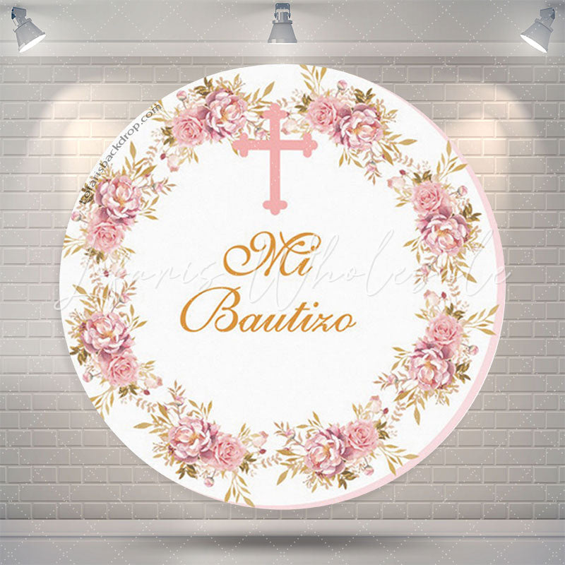 Lofaris White Pink Floral Cross Round Backdrop For Baptism