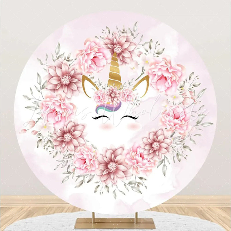 Lofaris White Pink Floral Unicorn Round Birthday Backdrop