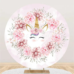 Lofaris White Pink Floral Unicorn Round Birthday Backdrop