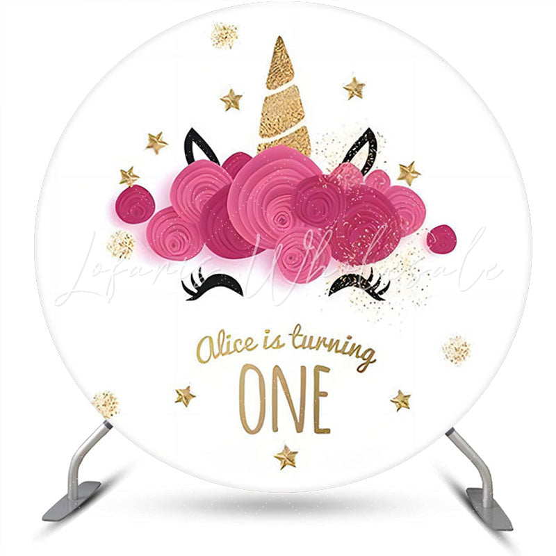 Lofaris White Pink Gold Unicorn Round 1st Birthday Backdrop