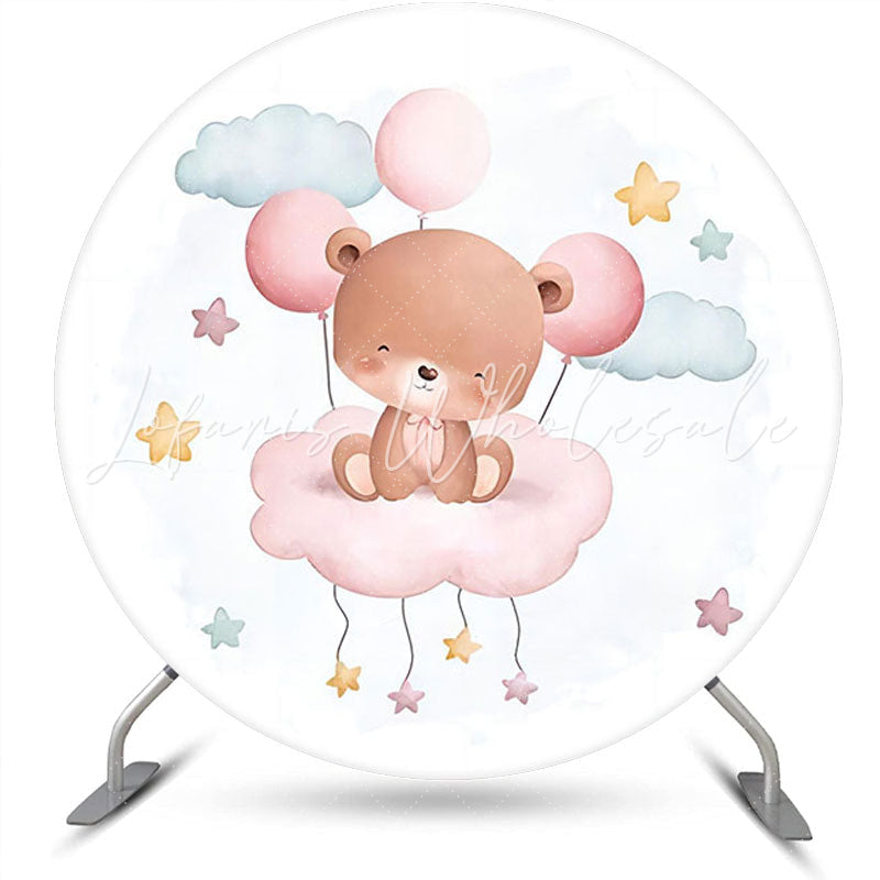 Lofaris White Pink Simling Bear Round Baby Shower Backdrop