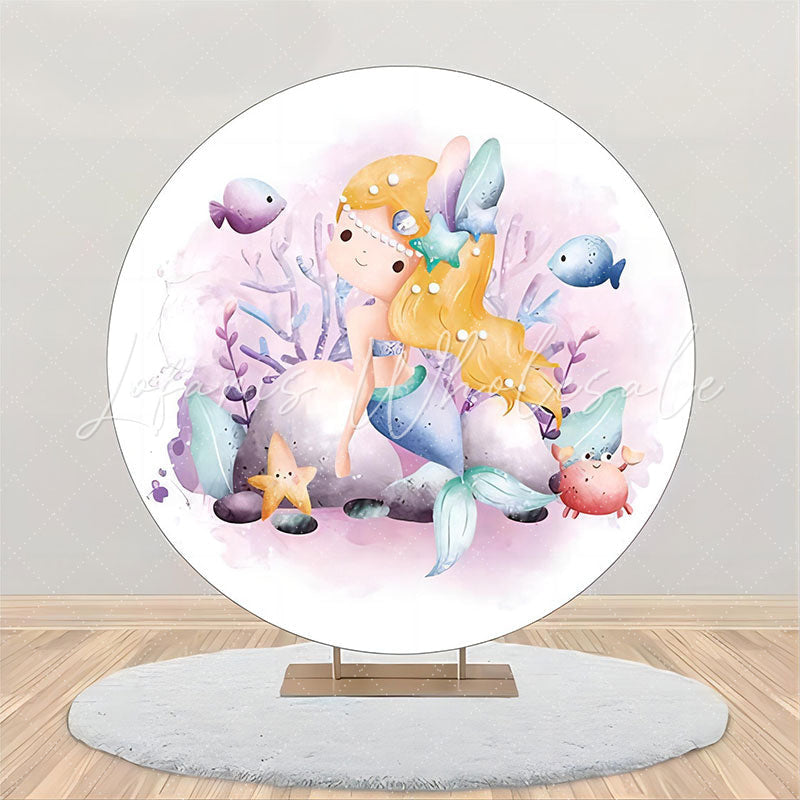 Lofaris White Purple Coral Mermaid Round Birthday Backdrop