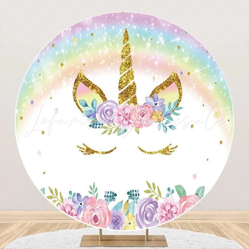Lofaris White Rainbow Unicorn Floral Round Birthday Backdrop