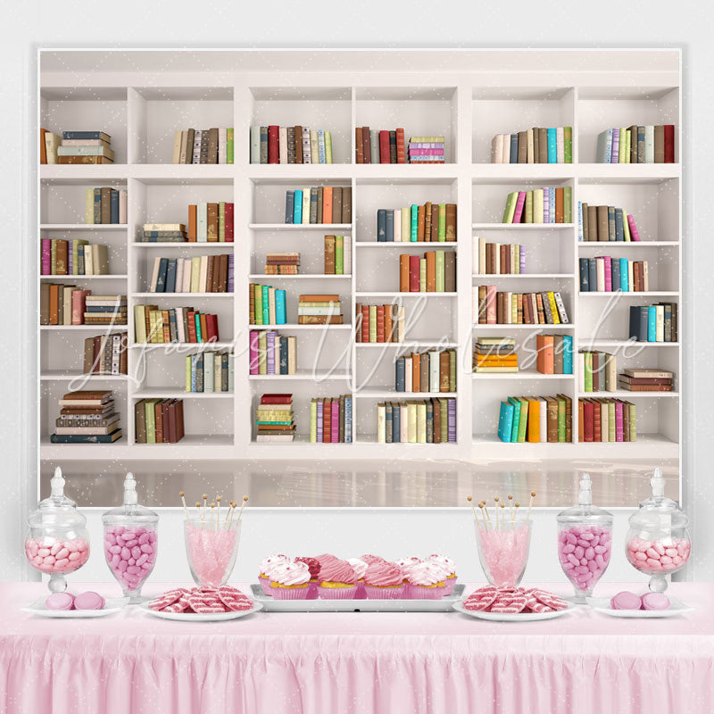 Lofaris White shelf full of books back to school Backdrop