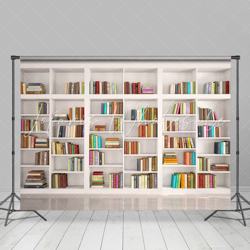 Lofaris White shelf full of books back to school Backdrop