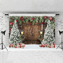 Lofaris White Snow Chrismas Tree And Brown Wood Door Backdrop