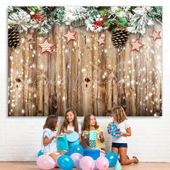 Lofaris White Snowy Christmas Tree With Stars Wooden Backdrop