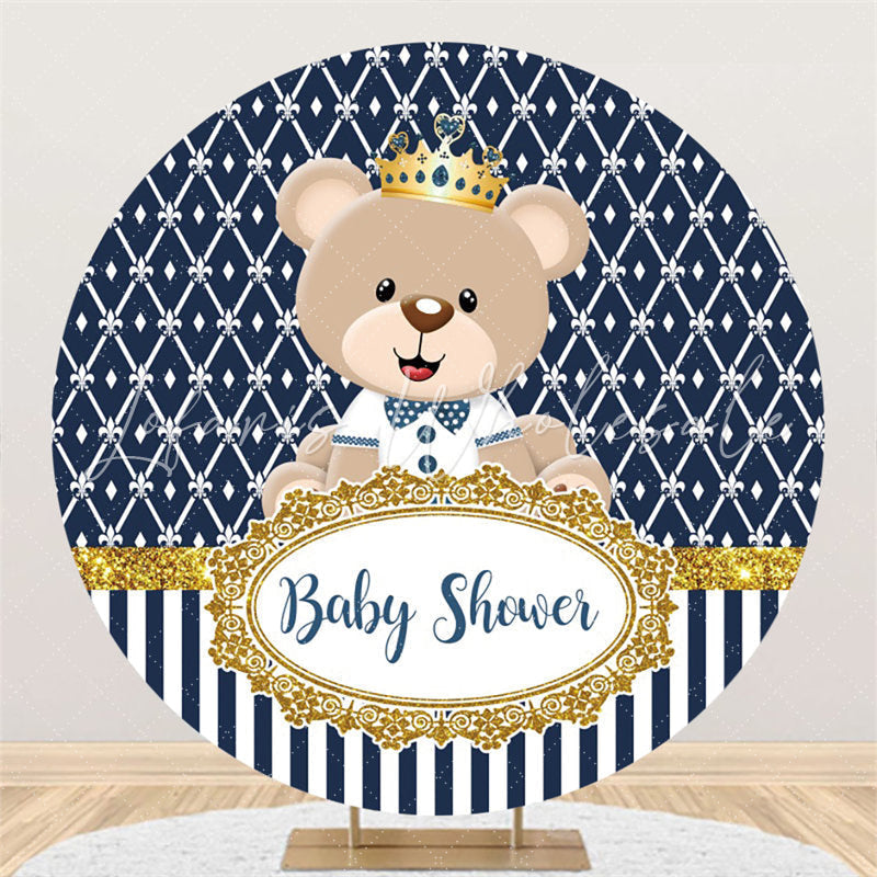 Lofaris White Strip Brown Bear Baby Shower Circle Backdrop