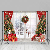 Lofaris White Window Winter Deer Christmas Trees Backdrop