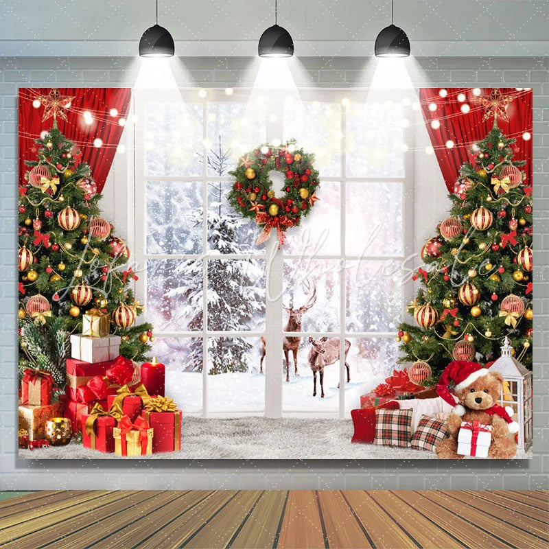Lofaris White Window Winter Deer Christmas Trees Backdrop