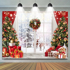 Lofaris White Window Winter Deer Christmas Trees Backdrop