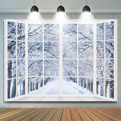 Lofaris White Window Winter Snowy Forest Trees Backdrop