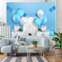Lofaris White Wooden Blue Balloons Happy Birthday Backdrop