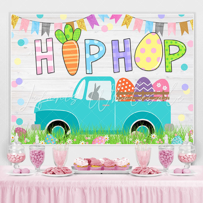 Lofaris White Wooden Car Colored flag Happy Birthday Backdrop