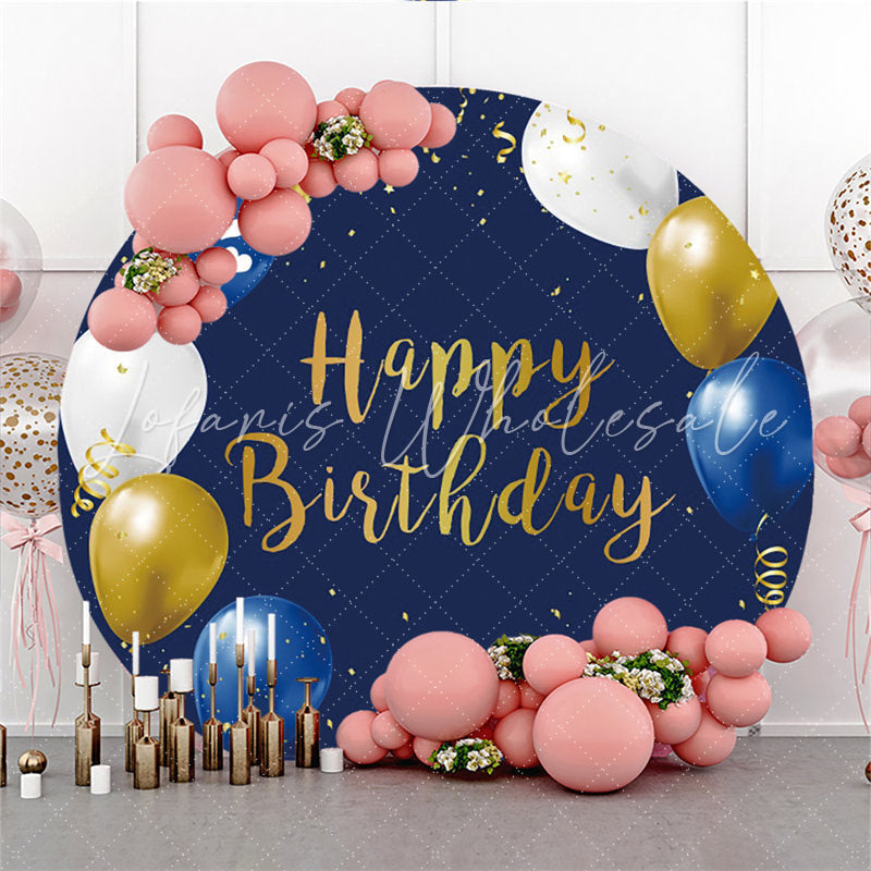 Lofaris White Yellow Balloons Navy Happy Birthday Round Backdrop