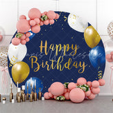 Lofaris White Yellow Balloons Navy Happy Birthday Round Backdrop