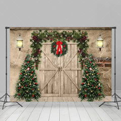 Lofaris Wihte Wooden Door With Tree Wreath Christmas Backdrop