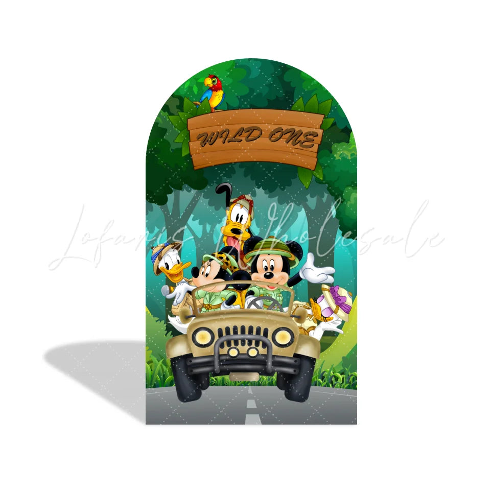 Wild One Cartoon Disney Mickey Minnie Safari Happy Birthday Party Arch Backdrop Wall Cloth Cover