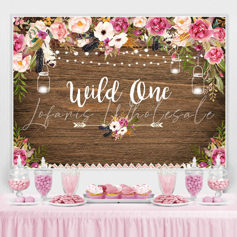 Lofaris Wild one Pink and White Floral Wooden Birthday Backdrop