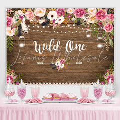 Lofaris Wild one Pink and White Floral Wooden Birthday Backdrop