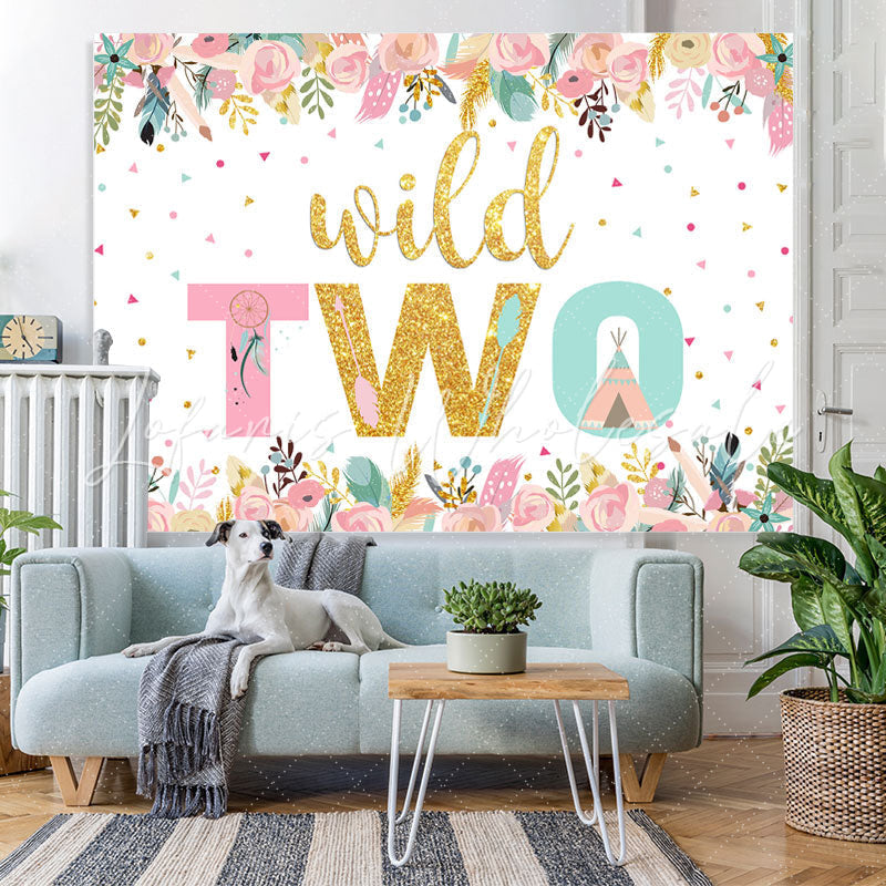 Lofaris Wild Two Gold Pink Floral Birthday Backdrop for Girl