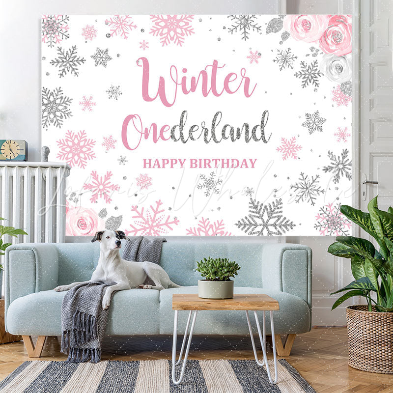 Lofaris Winter Floral Pink Onederland Backdrop for Birthday Party