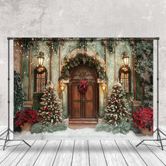 Lofaris Winter Green Wall Brown Door Christmas Photo Backdrop