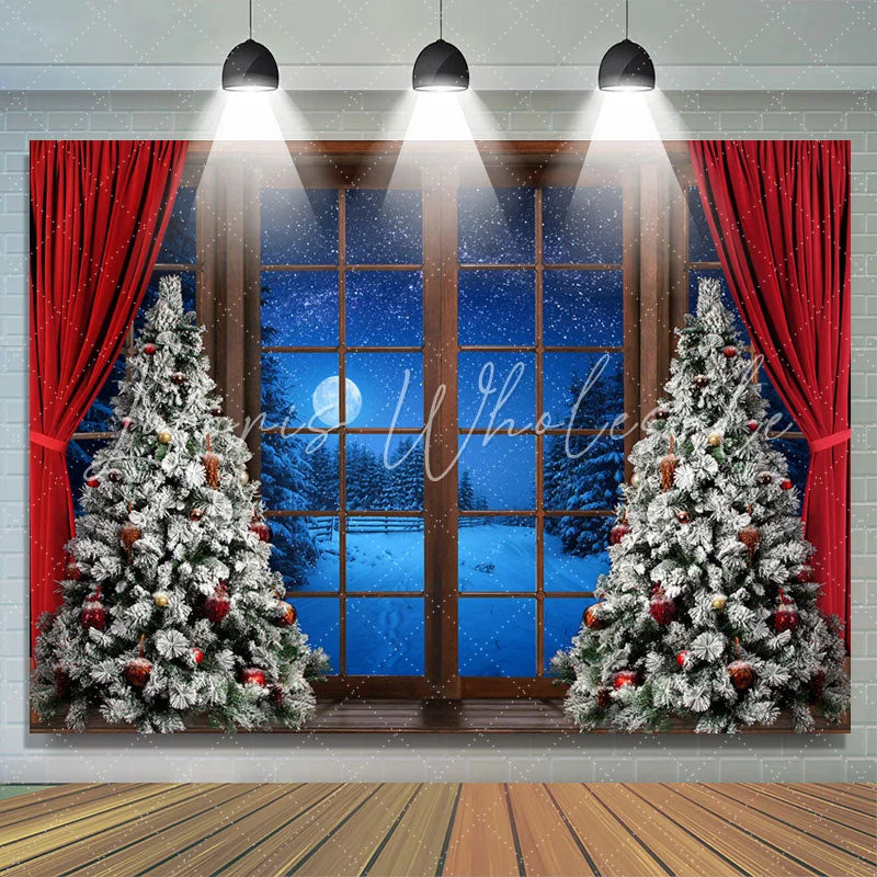 Lofaris Winter Night Christmas Tree Window Curtain Backdrop