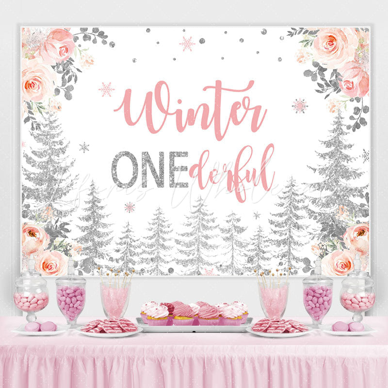 Lofaris Winter Onederful Roses Silver forest Birthday Backdrop