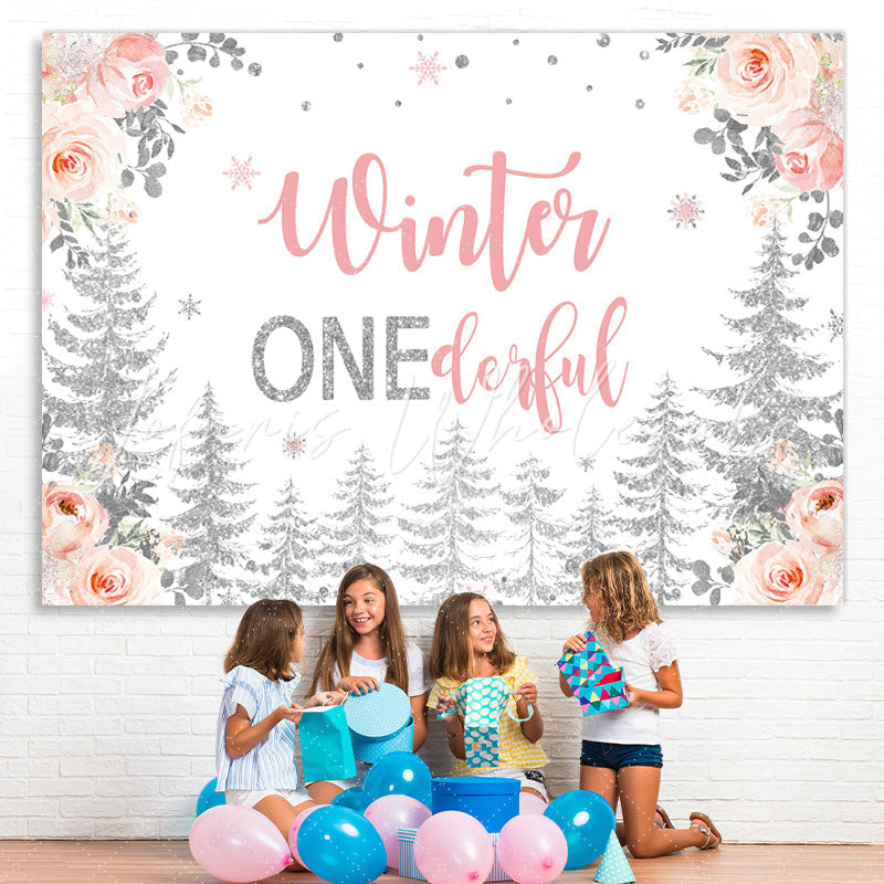 Lofaris Winter Onederful Roses Silver forest Birthday Backdrop