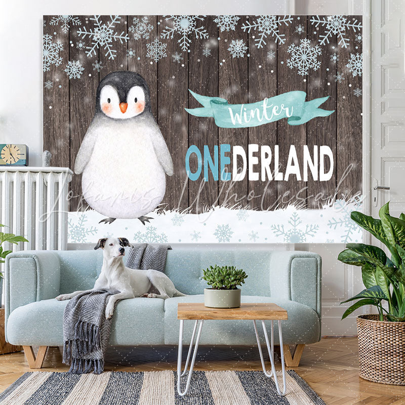 Lofaris Winter Onederland Penguin Snowflake Wood Backdrop for Birthday