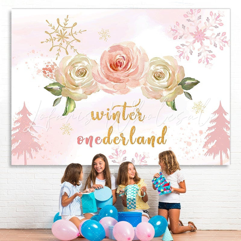 Lofaris Winter onederland Pink roses snow Birthday Backdrop