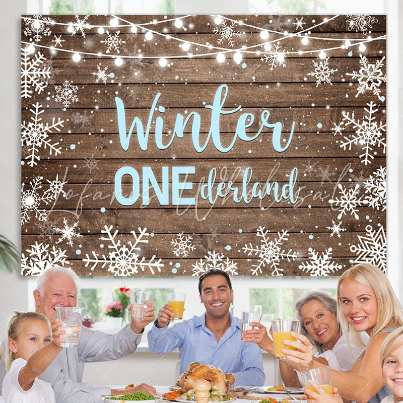 Lofaris Winter Onederland Snowflake Wood Boy Birthday Backdrop