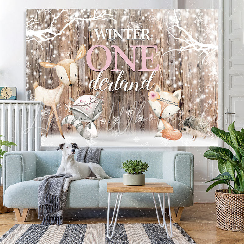 Lofaris Winter Onederland Snowflakes and Animals Birthday Backdrop