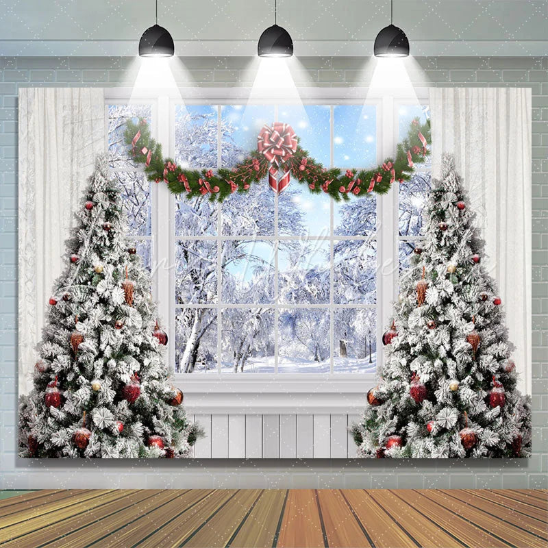 Lofaris Winter Scene Christmas Tree White Window Backdrop