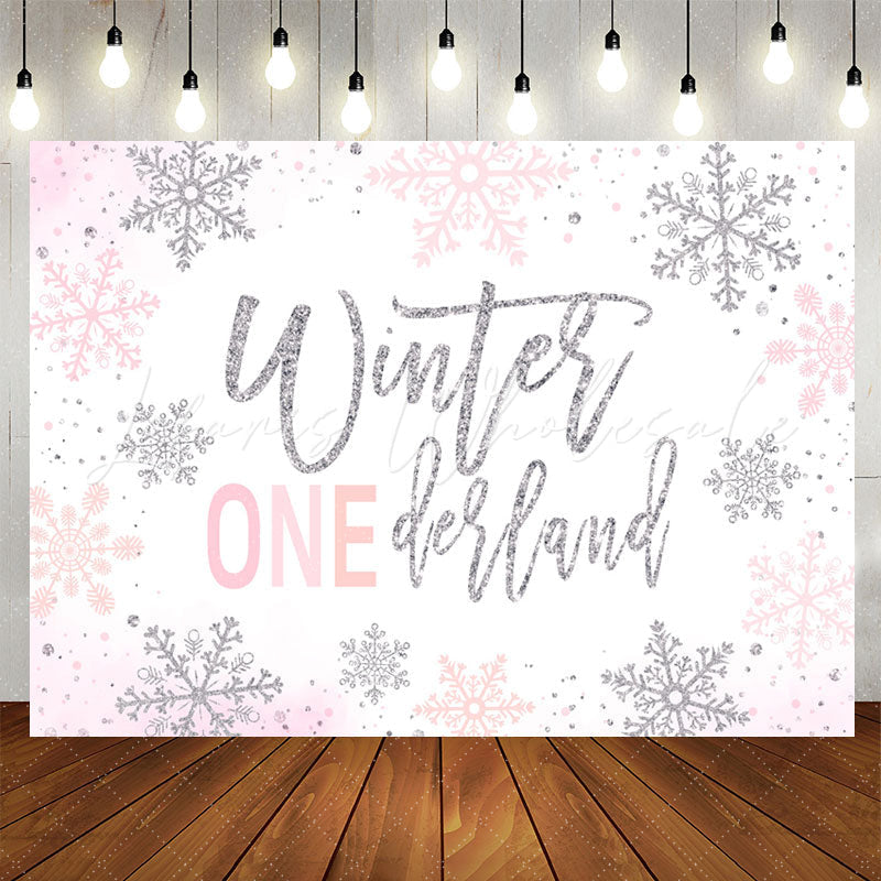 Lofaris Winter Silver Pink Glitter 1St Birthday Backdrop