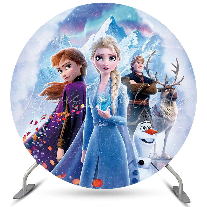 Lofaris Winter Snow Mountain Round Cartoon Birthday Backdrop